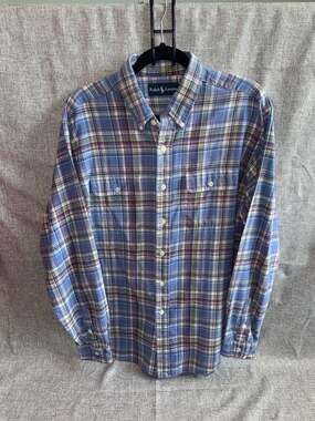 Ralph Lauren Men's Large Plaid Flannel Button-Up Work Shirt Blue Green Pink